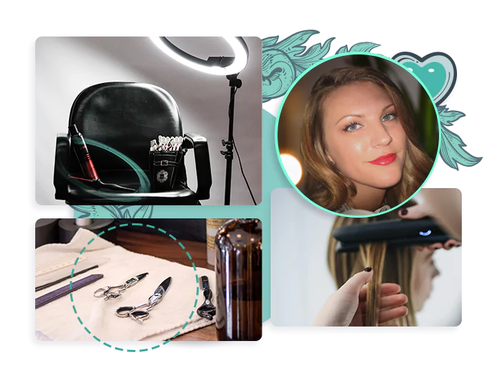 Photos of a ring light, some shears, and a woman having her hair straightened