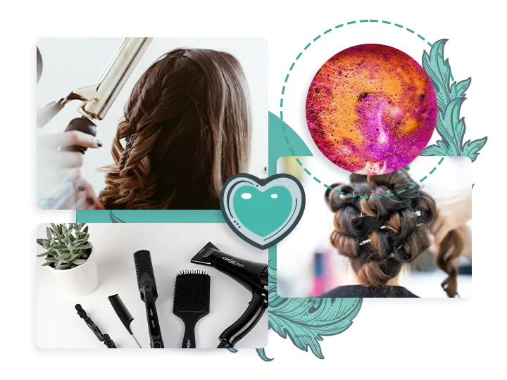 Curling iron, color formulating, and an assortment of hair salon tools.